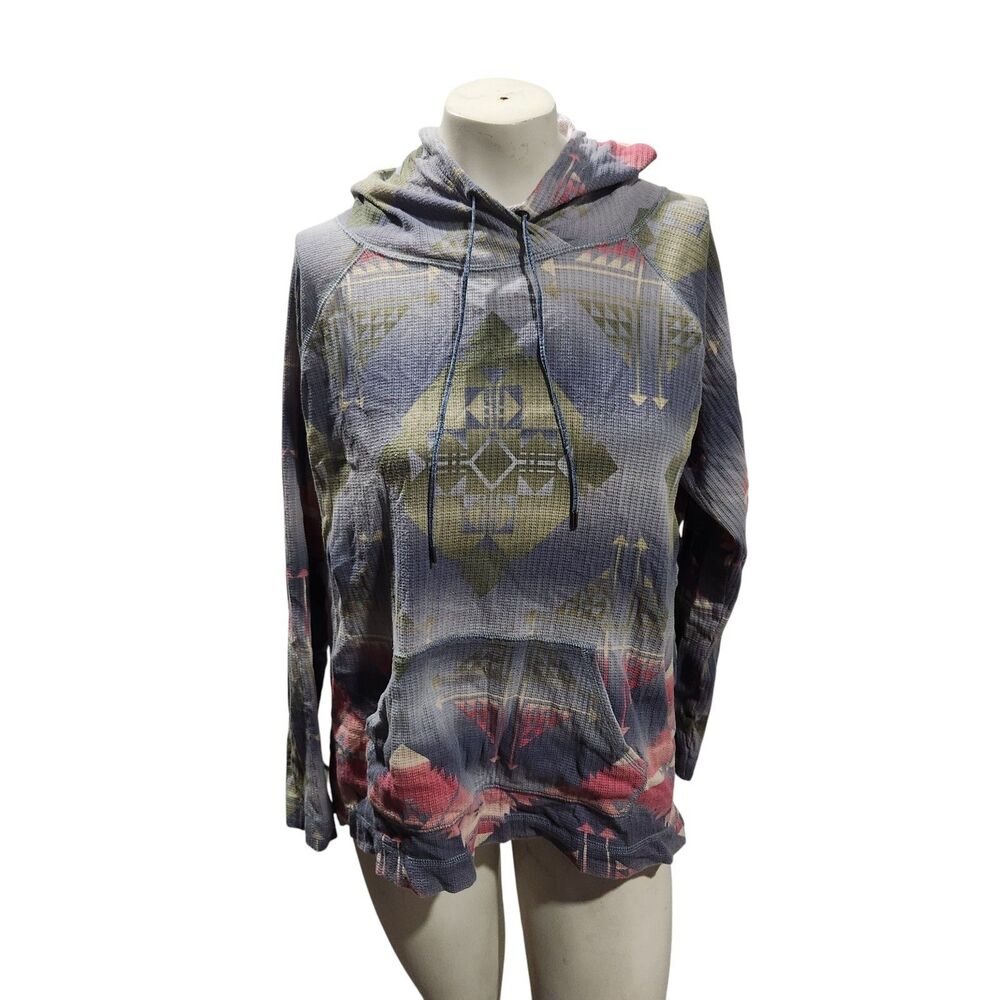 Chaps Hooded Waffle Knit Top L Geometric Southwestern Print Lightweight Hoodie‎